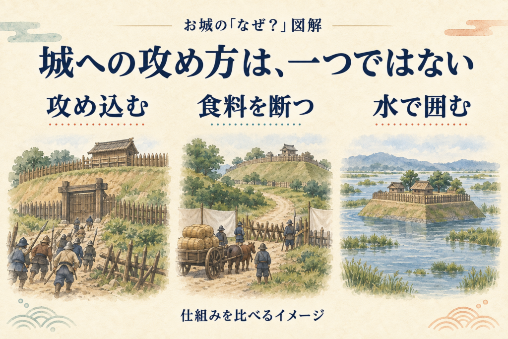 攻め込む、食料を断つ、水で囲むという三つの攻め方を、別々の城の模式的な場面で比較する図。
