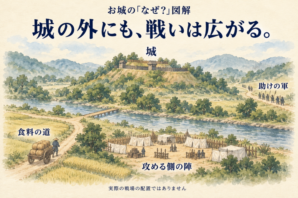 城の周囲の道、食料を運ぶ荷車、助けの軍、攻める側の陣を示す俯瞰図。