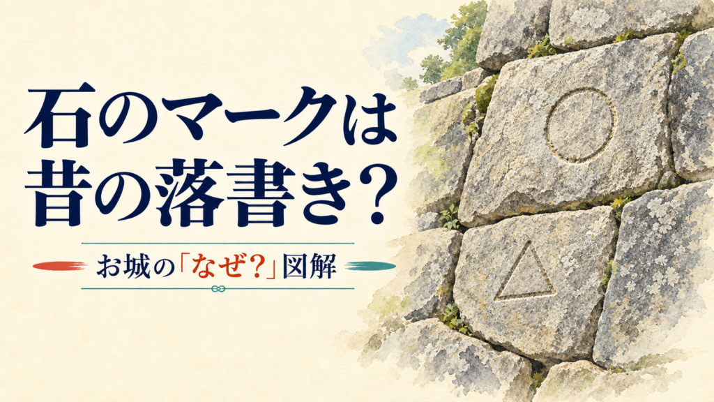丸や三角のしるしが刻まれた石垣のイメージ。石にあるマークの意味を考える表紙。