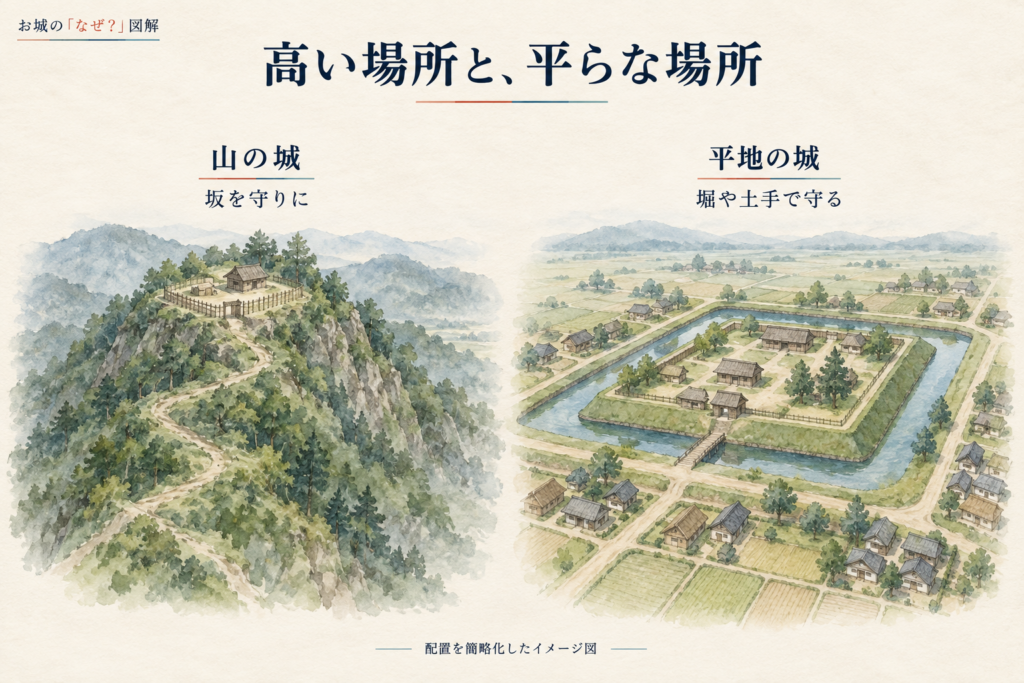 山の斜面を利用した城と、平地に堀や土の壁を設けた城の比較。一般的な仕組みを示した図。