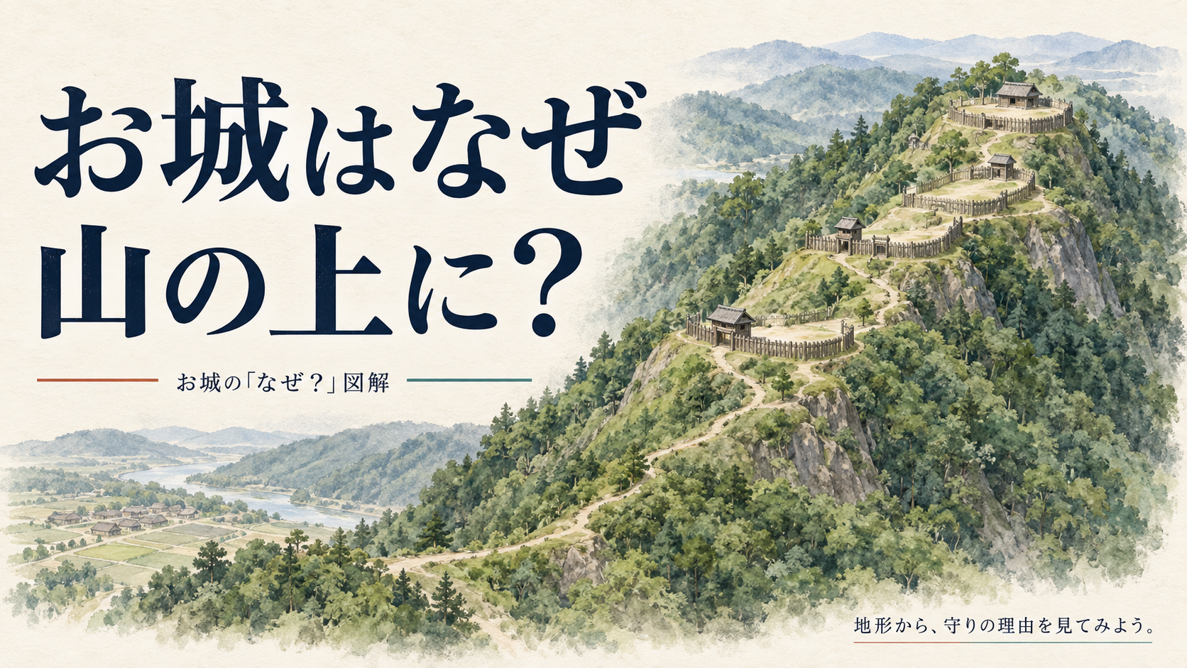 山の斜面と山上の城を描いた表紙。お城はなぜ山の上にあるのかを考える。