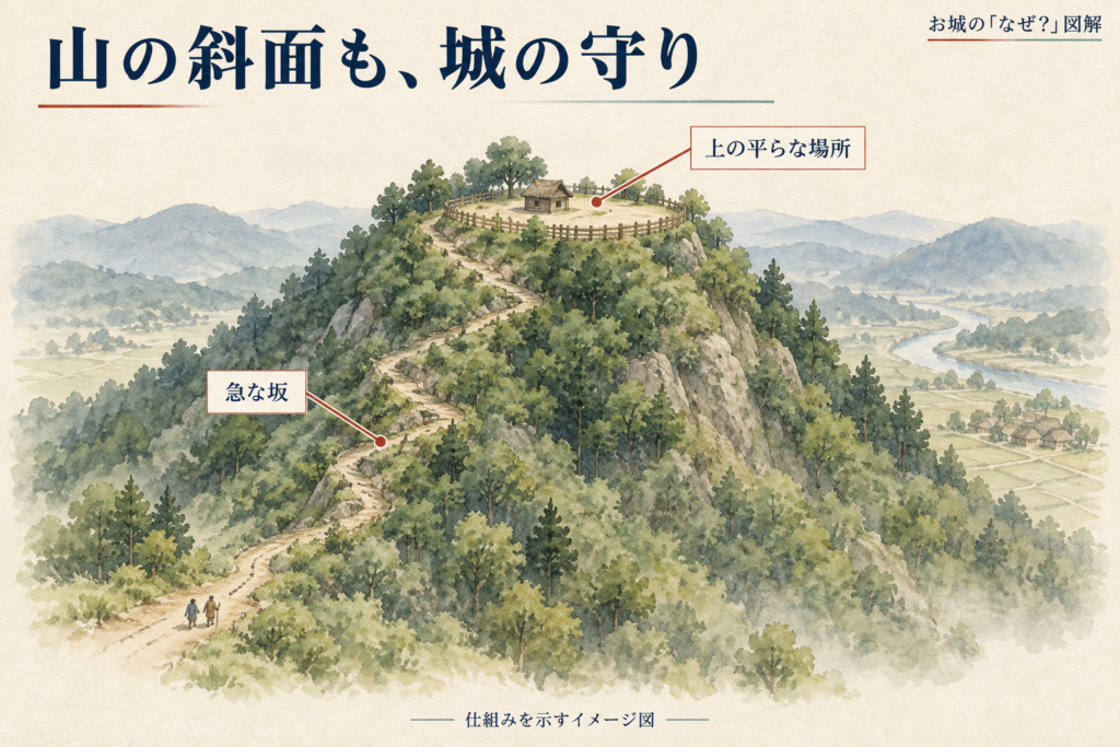 山の上の平らな場所へ、急な斜面に沿う道が続く。斜面を守りに利用する仕組みのイメージ図。