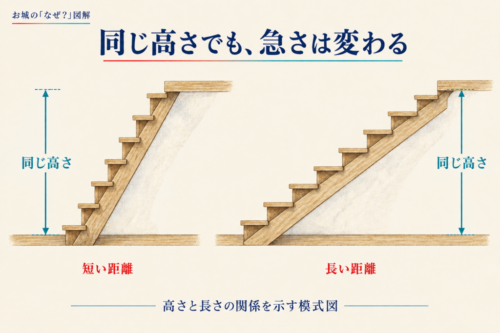 上る高さが同じ場合、横に使う距離が短い左の階段は急で、距離が長い右の階段は緩やかになる比較図。
