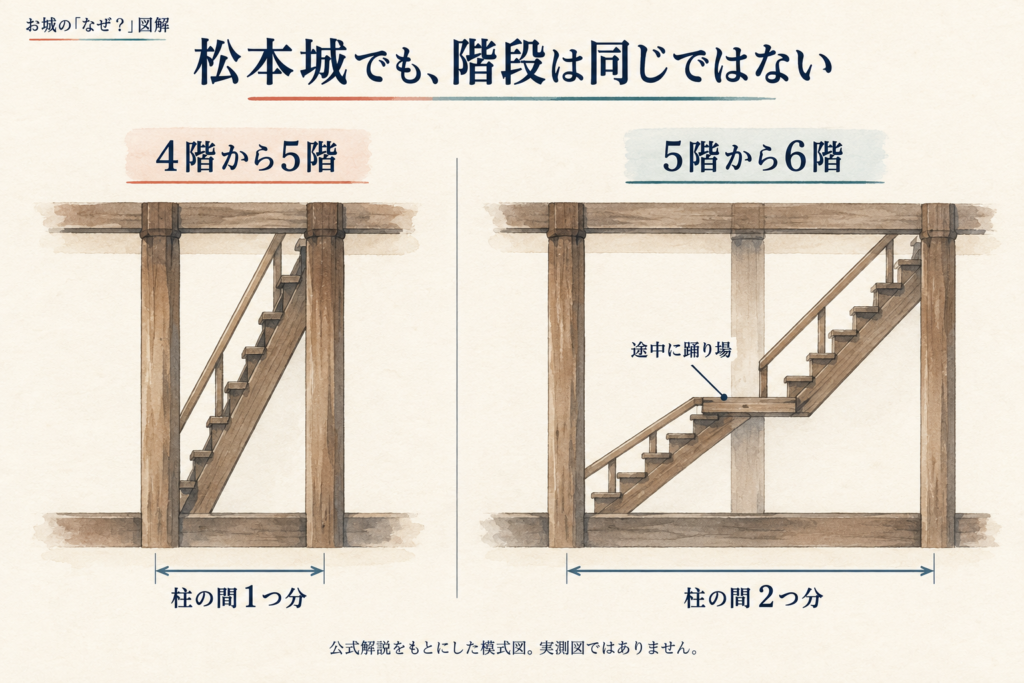 松本城大天守の4階から5階は柱の間一つ分、5階から6階は二つ分を使い、途中に踊り場がある違いを示した模式図。
