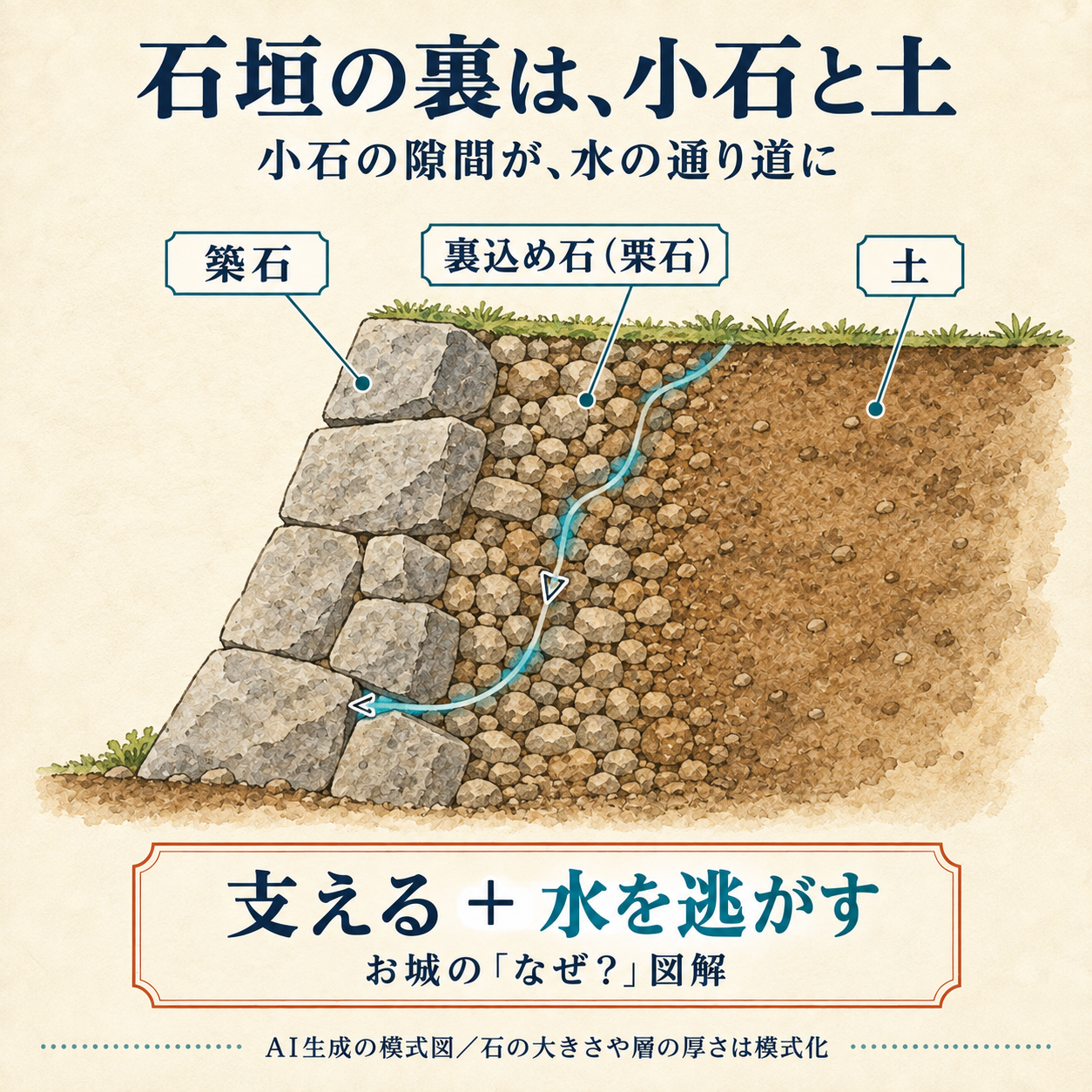 築石、裏込め石、土の順に並ぶ石垣の断面と、小石の隙間から外へ抜ける水の経路