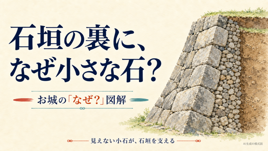 石垣の大きな築石の裏に小石、その奥に土があることを示す断面の表紙