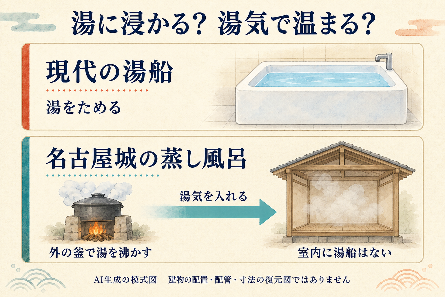 現代の湯船は湯をためる。名古屋城の蒸し風呂は外の釜で湯を沸かし湯気を室内へ入れ、室内に湯船はないという比較図