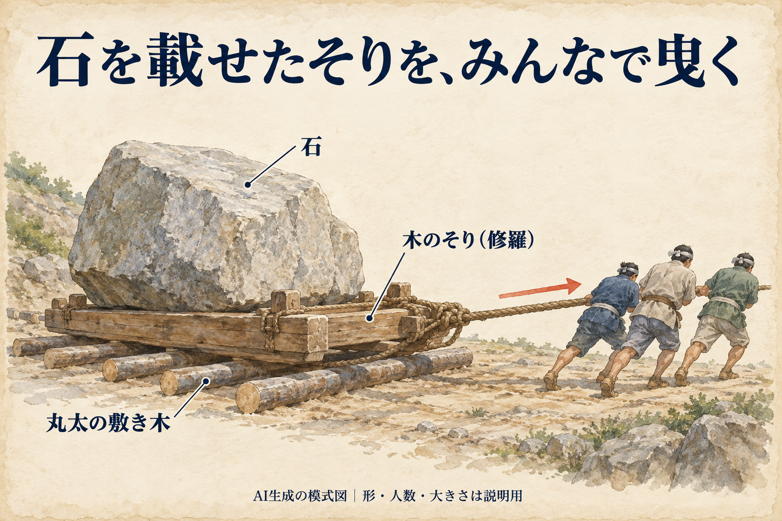 丸太の敷き木の上に置いた木のそりに石を載せ、前方の綱で曳く仕組み