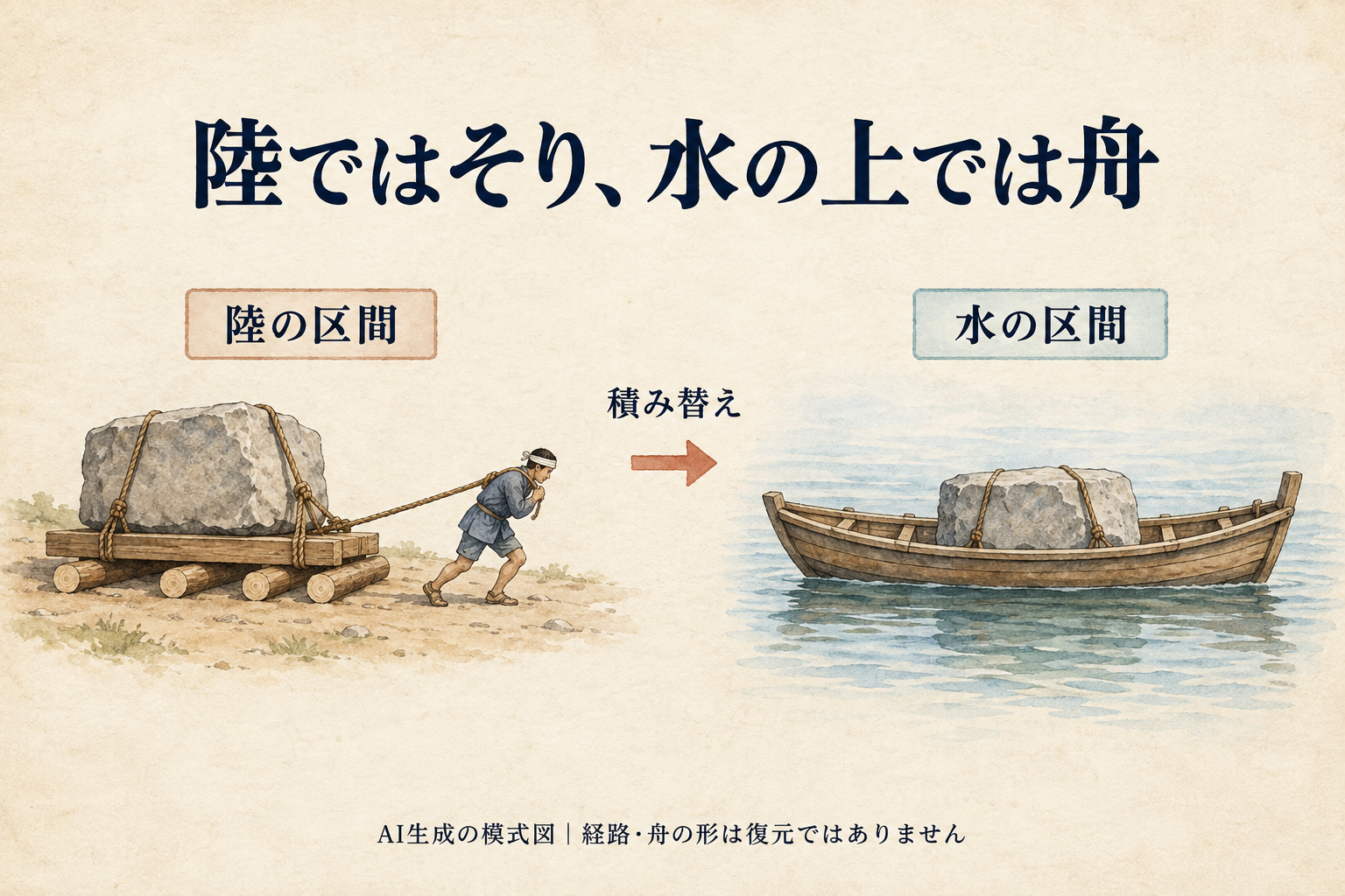 陸では石を載せたそりを曳き、水の区間では舟に積み替える二つの場面