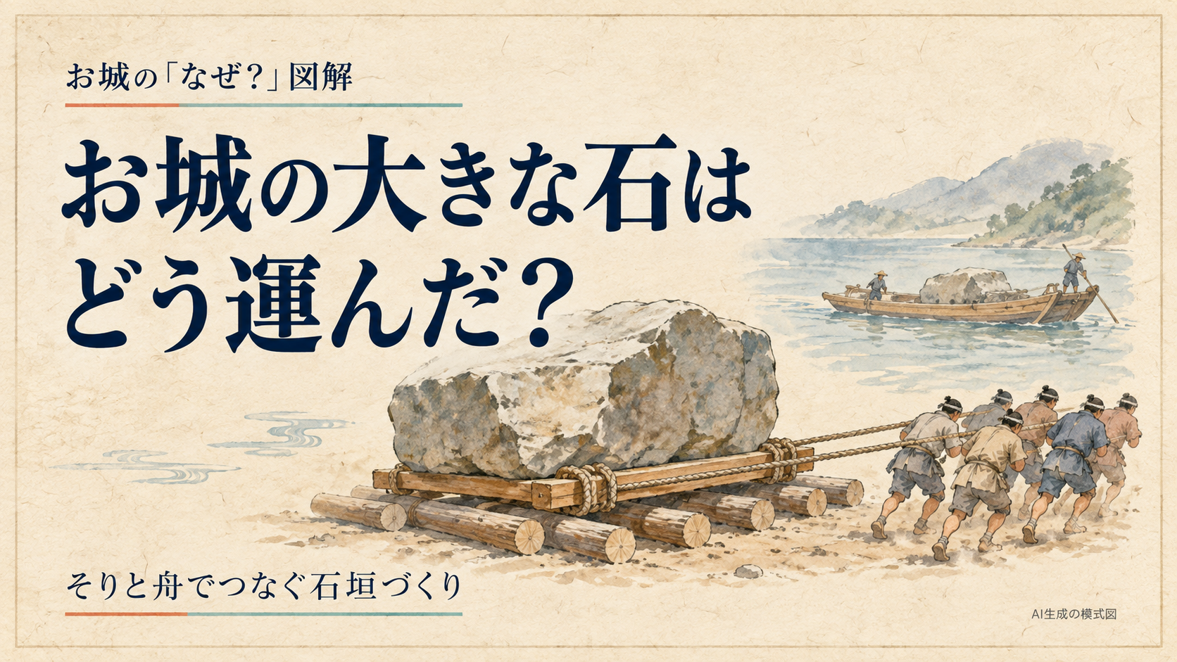 大きな石を木のそりで曳き、舟でも運ぶ仕組みを描いた表紙