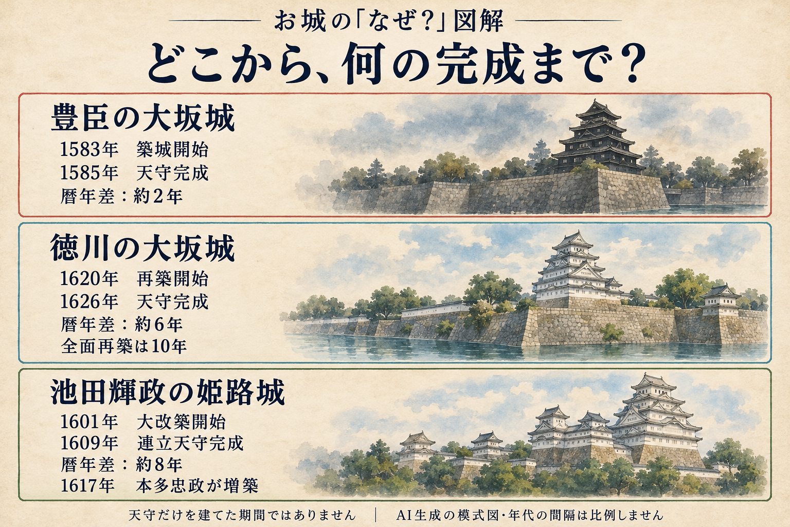 豊臣大坂は1583年開始と1585年天守完成、徳川大坂は1620年開始と1626年天守完成、姫路は1601年開始と1609年連立天守完成を比較