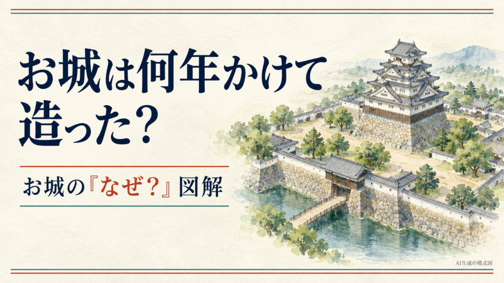 天守と石垣や堀を含む城全体を描き、何年かけて造ったのかを問いかける表紙