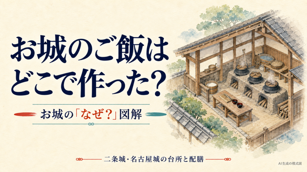 お城の食事をどこで作ったかを問い、低い木造の調理場にかまどと釜を描いた表紙