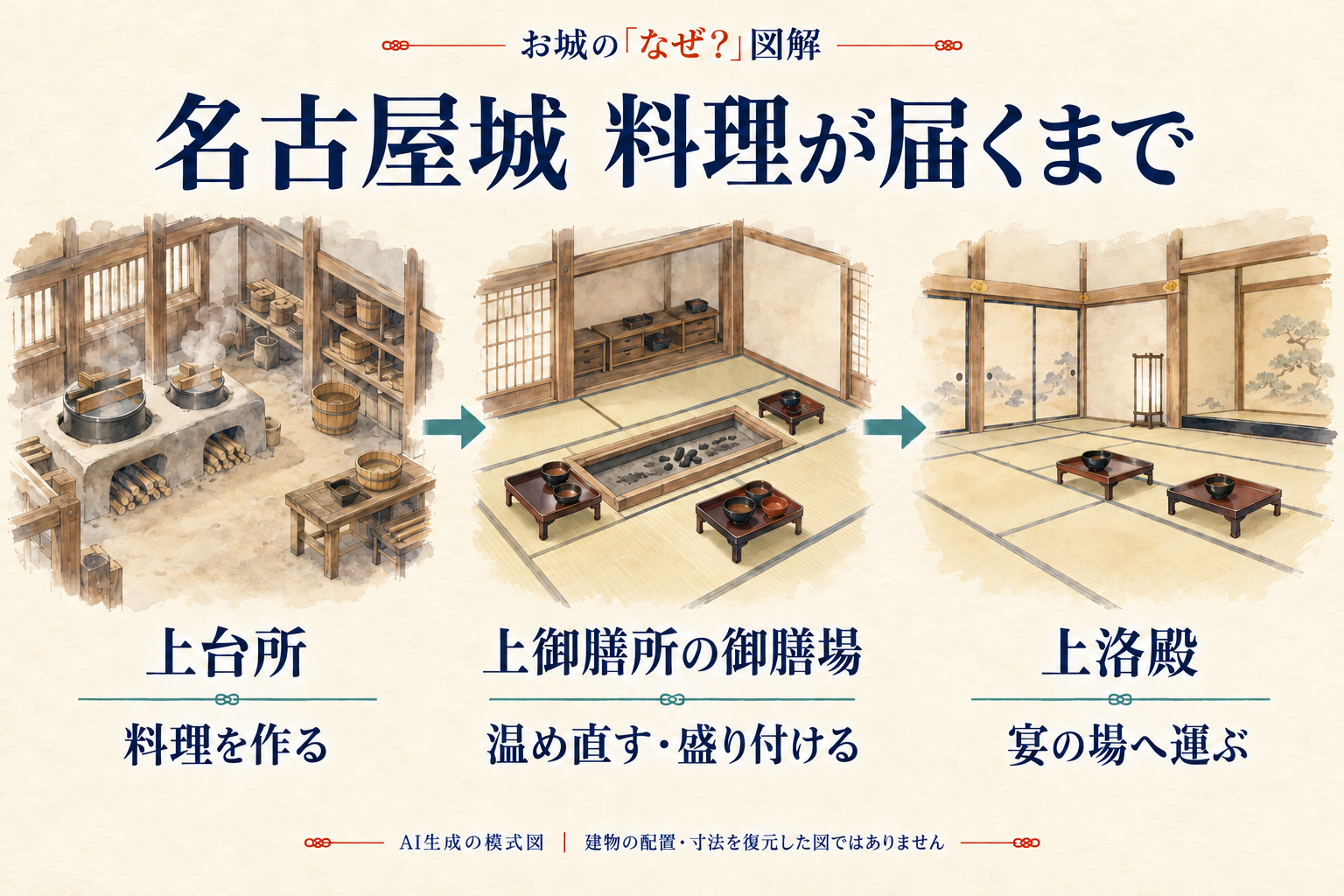 名古屋城の料理は上台所で作り、上御膳所の御膳場で温め直して盛り付け、上洛殿の宴へ運ぶという三つの工程を示す模式図