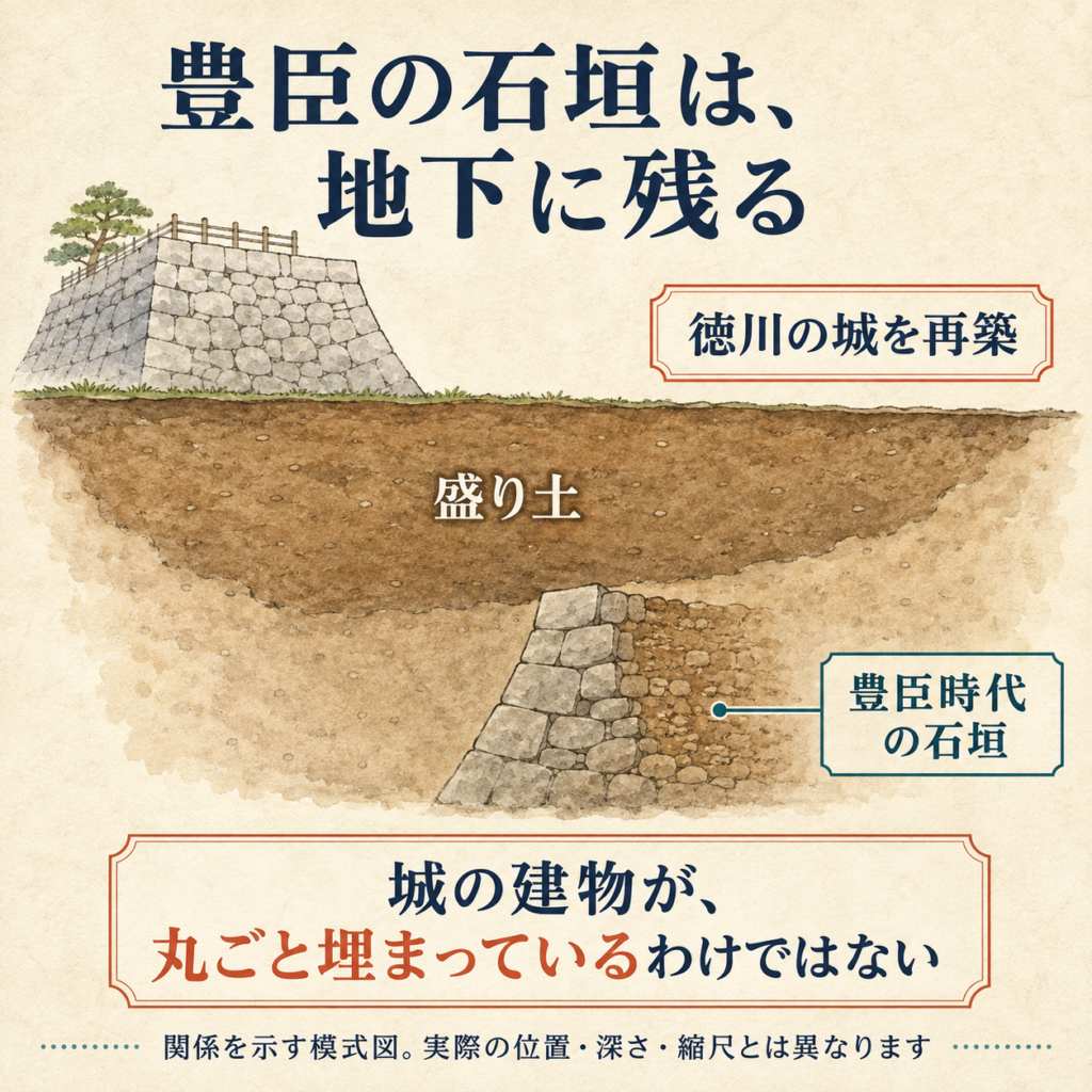 徳川の再築の際の盛り土と、地下に残る豊臣時代の石垣の関係を示す模式図。