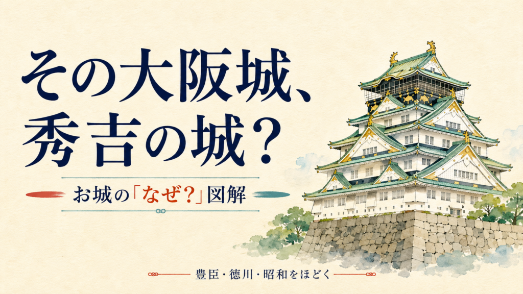 現在の大阪城天守をイメージし、豊臣・徳川・昭和の違いを問いかける表紙イラスト。