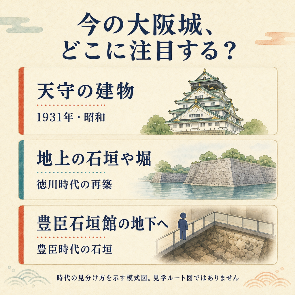 天守の建物は1931年、地上の石垣や堀は徳川の再築、石垣館の地下石垣は豊臣時代と整理した図。