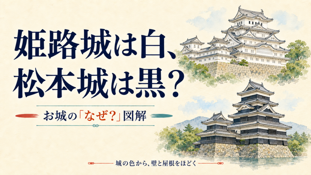 姫路城は白、松本城は黒。その色の正体は？。古い紙に淡い水彩で描いた説明用イメージ。