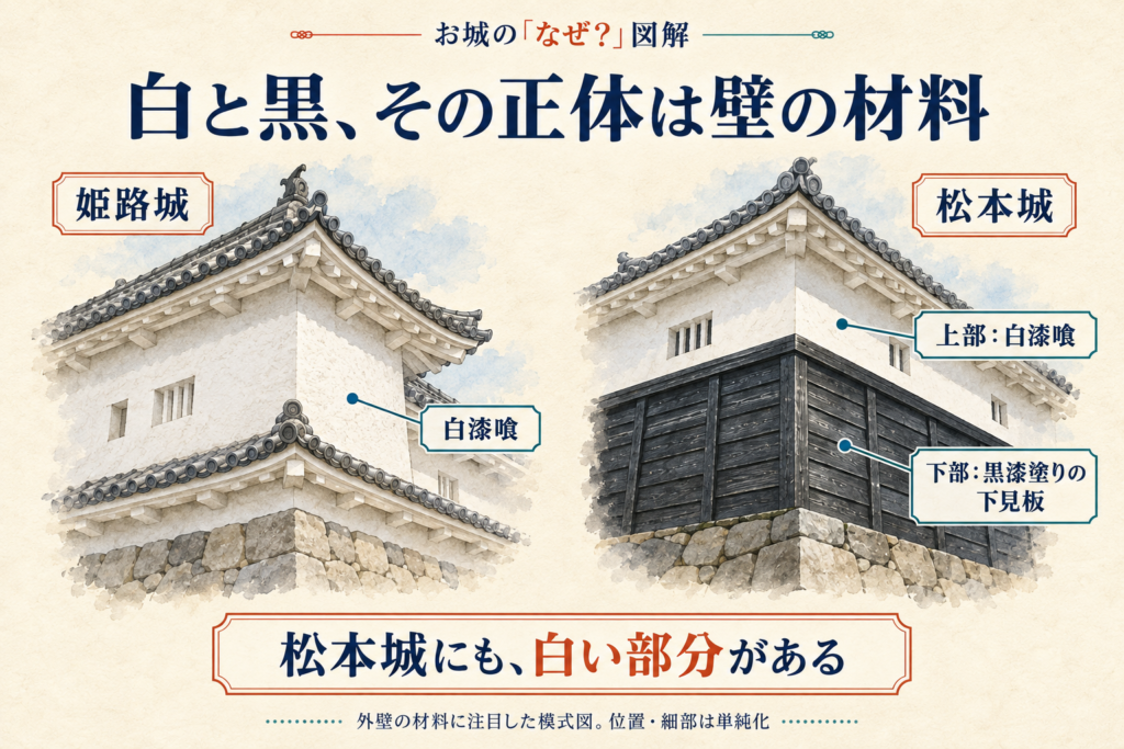 姫路城の白漆喰と、松本城の上部の白漆喰・下部の黒漆塗りの板を比較した模式図。
