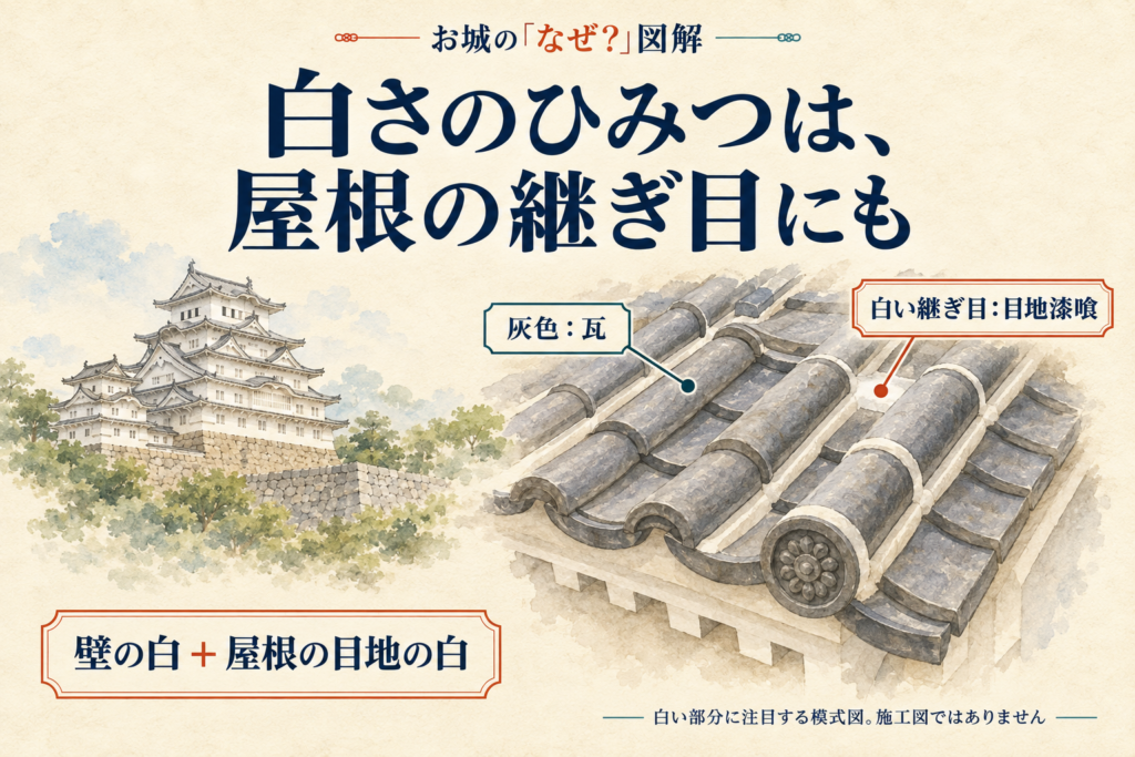 姫路城の灰色の瓦と、継ぎ目の白い目地漆喰に注目した模式図。
