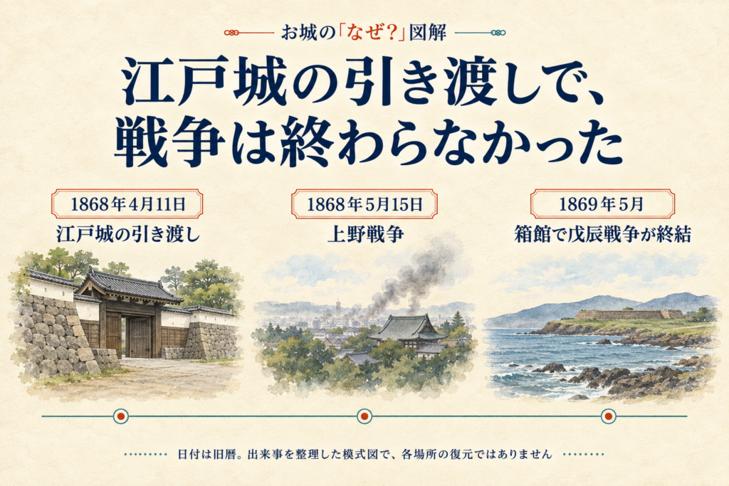 江戸城引き渡し、上野戦争、箱館での戊辰戦争終結を区別した模式年表。月日は旧暦。