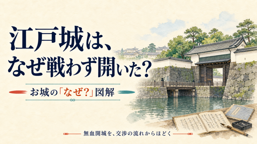 江戸城はなぜ戦わずに開城できた？城門と書状を描いた説明用イメージ。