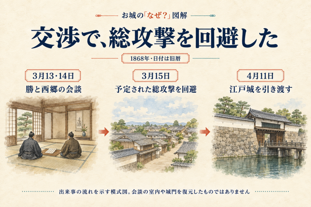 1868年旧暦3月13・14日の会談、3月15日に予定された総攻撃の回避、4月11日の江戸城引き渡しを整理した模式年表。