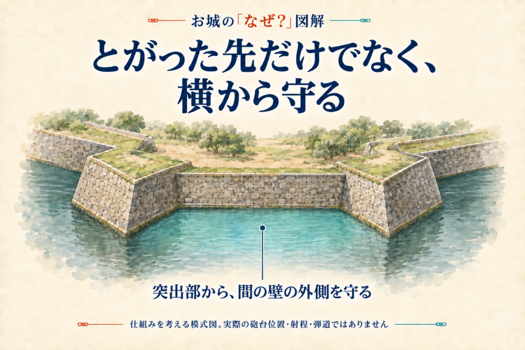 二つの突出部の間にある壁の外側を淡い青緑で示した模式図。突出部から壁際を守る仕組みを説明し、実際の砲台位置・射程・弾道は示していません。