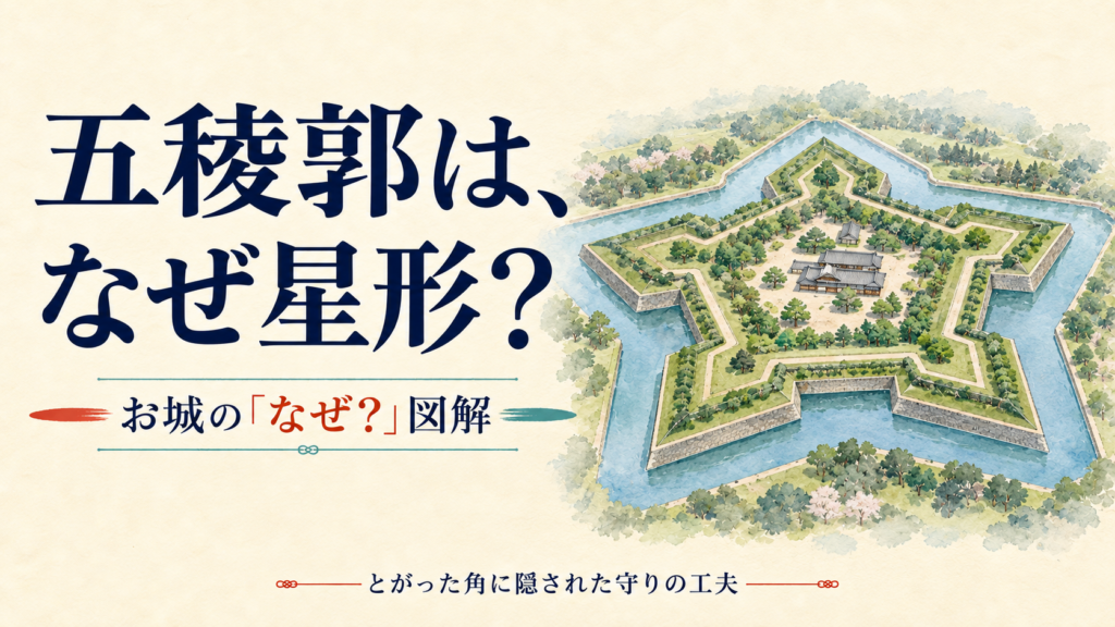 五稜郭はなぜ星形？とがった角に隠された守りの工夫。古い紙に淡い水彩で描いた説明用イメージ。