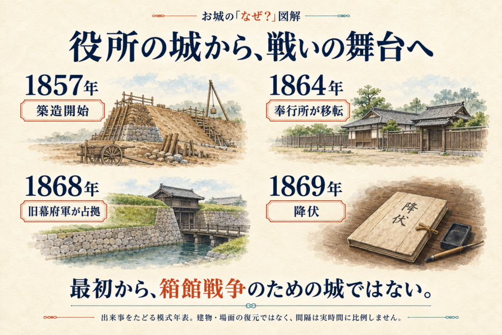1857年築造開始、1864年奉行所移転、1868年旧幕府軍占拠、1869年降伏をたどる年表。場面や建物はイメージで、復元図ではありません。