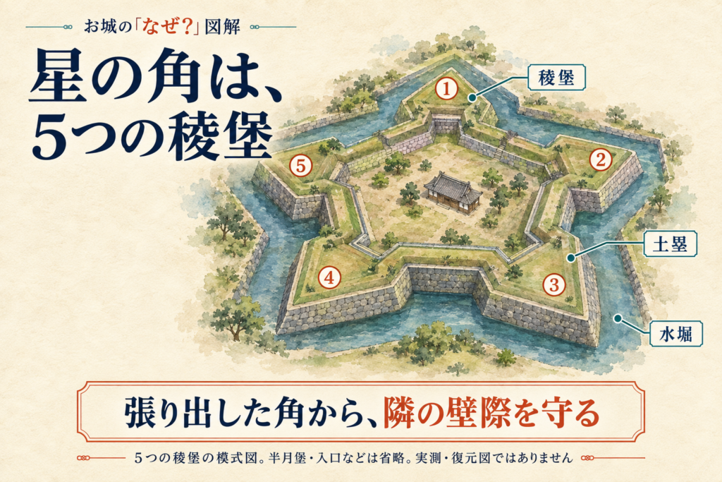 5つの稜堡・土塁・水堀を立体的に描いた模式図。半月堡・入口などを省略し、建物・形・配置はイメージです。実測・復元図ではありません。