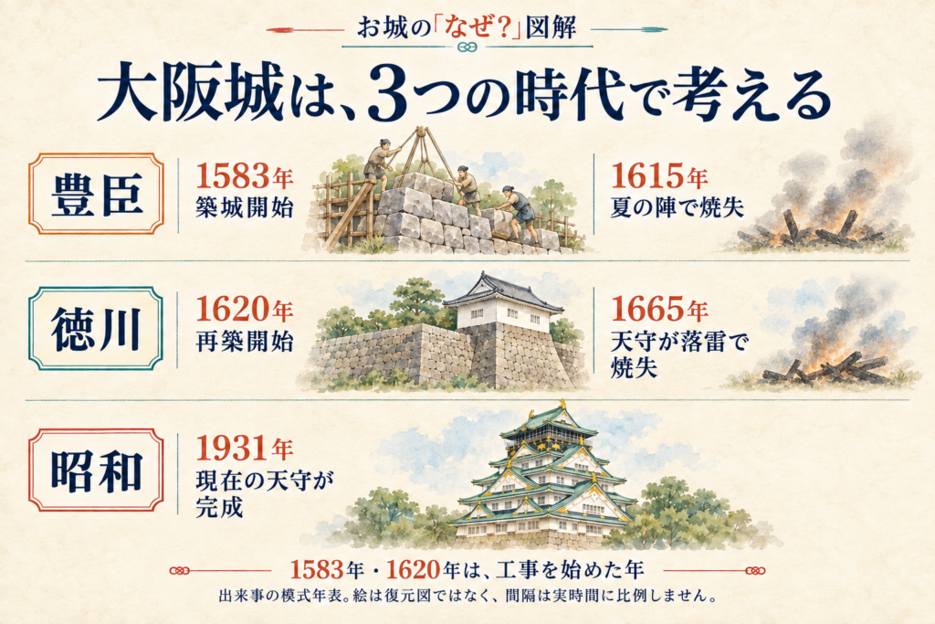 1583年に豊臣秀吉が築城開始、1615年焼失、1620年に徳川幕府が再築開始、1665年天守焼失、1931年現在天守完成という年表。
