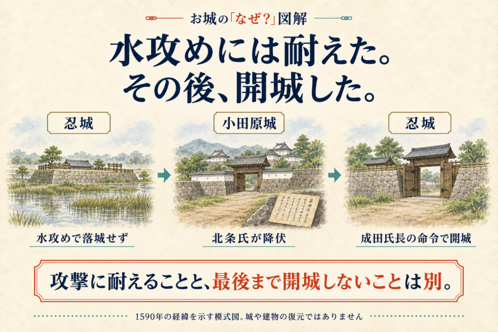 1590年の忍城は水攻めに耐えたが、小田原城の降伏後、城主成田氏長の命令で開城した。