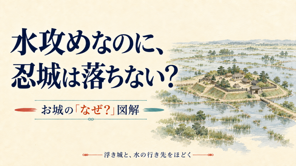 水攻めされたのに落ちなかった？忍城が「浮き城」と呼ばれる理由。古い紙に淡い水彩で描いた説明用イメージ。