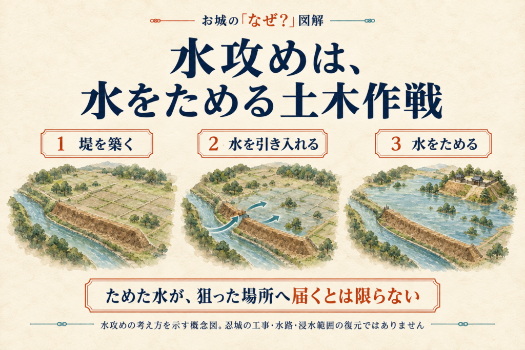水攻めの仕組みを、堤を築く、水を引き入れる、水をためる、の3段階で示す概念図。