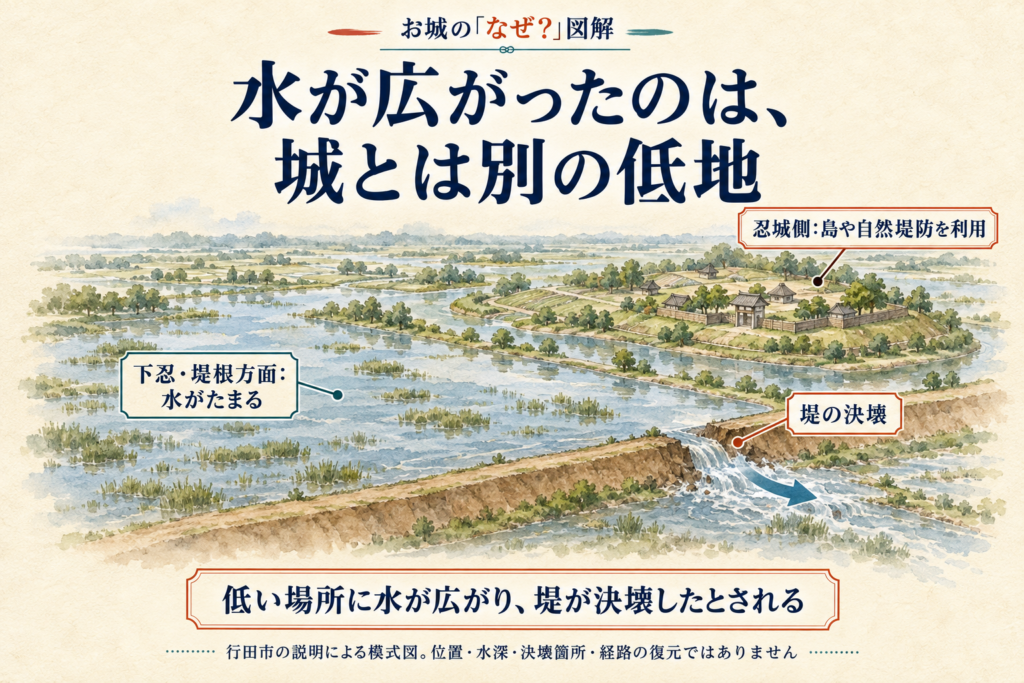 忍城と周辺の低地・堤を見渡す鳥瞰模式図。城側は島や自然堤防を利用し、下忍・堤根方面に水が広がる。引水の矢印や堤の形は概念表現で、実際の経路・浸水範囲の復元ではない。