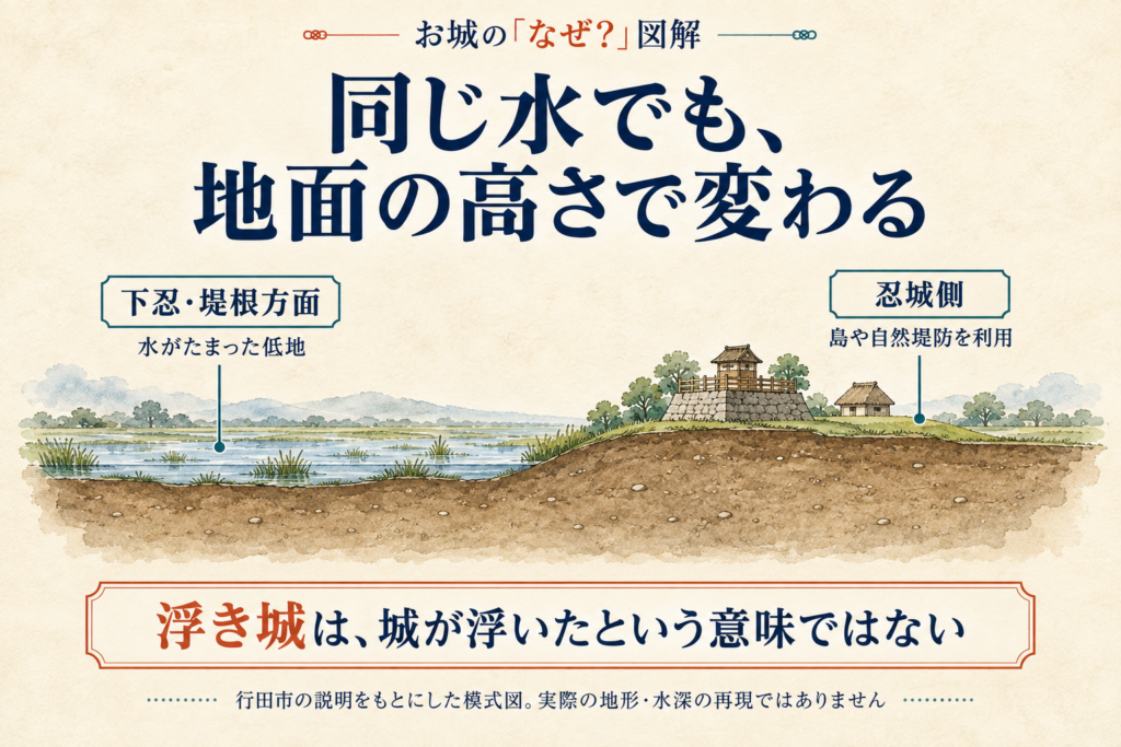水がたまった下忍・堤根方面と、島や自然堤防を利用した忍城側を比較する模式図。実際の地形や水深の再現ではない。