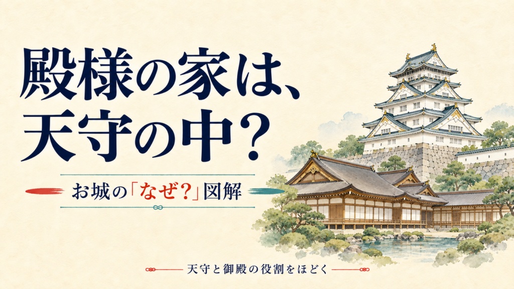 殿様は天守に住んでいた？御殿と「御座所」の違いを図解。古い紙に淡い水彩で描いた説明用イメージ。