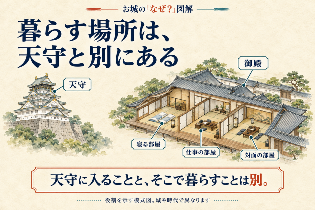 天守と御殿の役割の模式図。御殿には寝る部屋・仕事の部屋・対面の部屋があり、天守に入ることとそこで暮らすことは別であると示す。