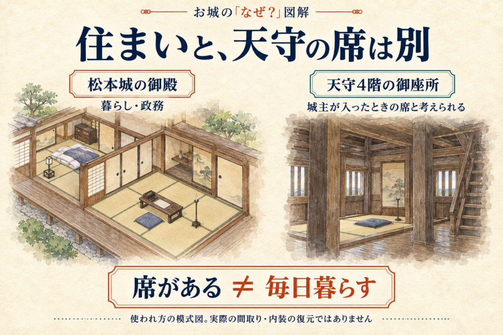 松本城の御殿は居間や寝間のある暮らしと政務の場。天守四階の御座所は、城主が天守に入ったときの席と考えられ、日々の住まいとは分けて考える。
