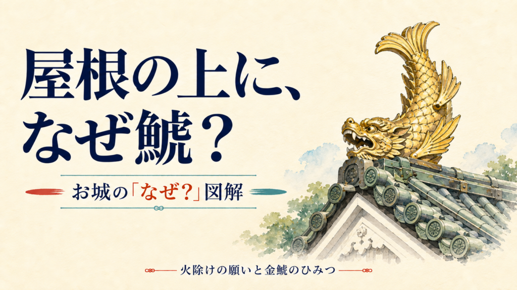 お城の屋根に、なぜしゃちほこ？火除けの願いと金鯱の意味。古い紙に淡い水彩で描いた説明用イメージ。