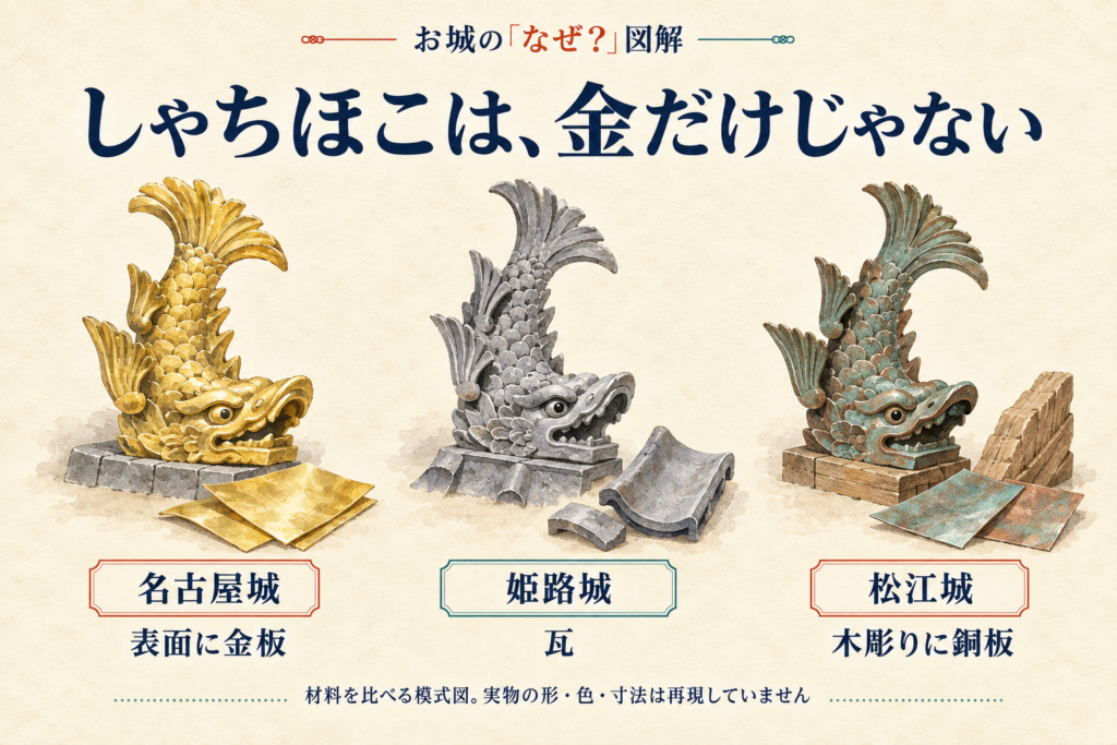 しゃちほこの材料を3城で比較。名古屋城は表面に金板、姫路城は瓦、松江城は木彫りに銅板を張る。