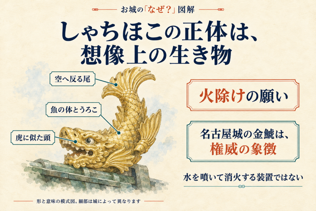 虎に似た頭、魚の体とうろこ、空へ反る尾を持つしゃちほこの模式図。火除けの願いと、名古屋城の金鯱が示した権威を説明する。
