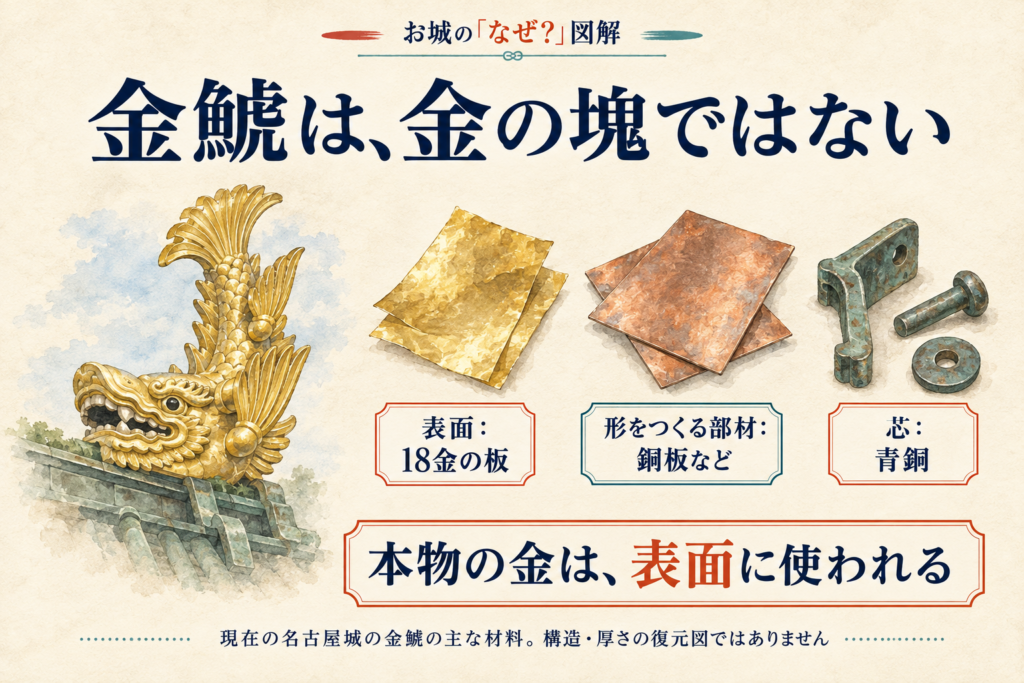 現在の名古屋城の金鯱に使われる主な材料。表面は18金の板、形をつくる部材は銅板など、芯は青銅。全体が金の塊ではない。
