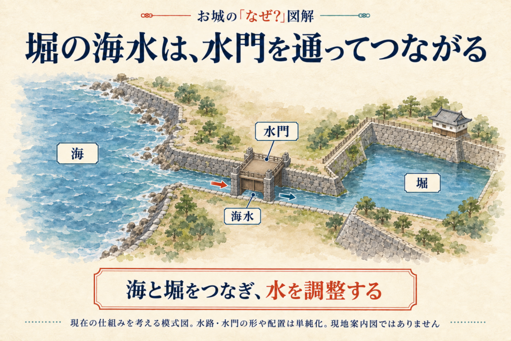 現在の海・水門・堀のつながりを立体的に考える模式図。水路・水門・城の位置や形を単純化しています。現地案内図・復元図ではありません。