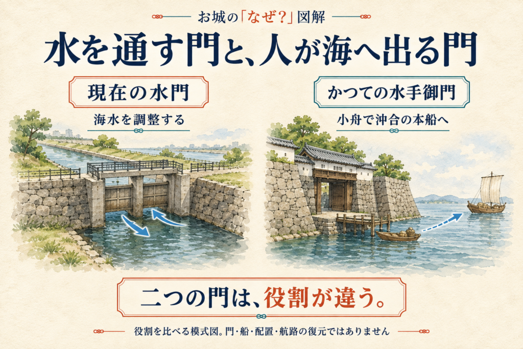 現在の水門と、かつて海へ出入りした水手御門の役割を比べる図。小舟から沖合の本船へ向かう関係を描いています。水門・建物・船の形、配置・航路の復元ではありません。