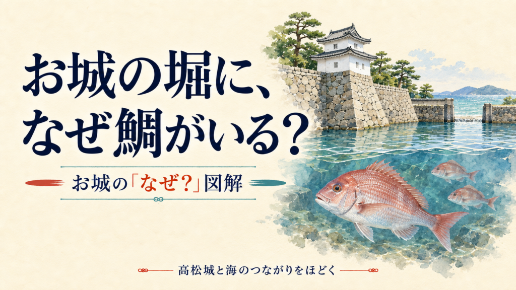 高松城のお堀に、なぜ鯛がいる？海とつながる城の仕組み。古い紙に淡い水彩で描いた説明用イメージ。