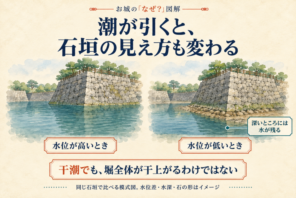 同じ石垣で水位が高いときと低いときを比べた模式図。水位差・水深・石垣の形はイメージです。干潮時に堀全体が干上がるという意味ではありません。