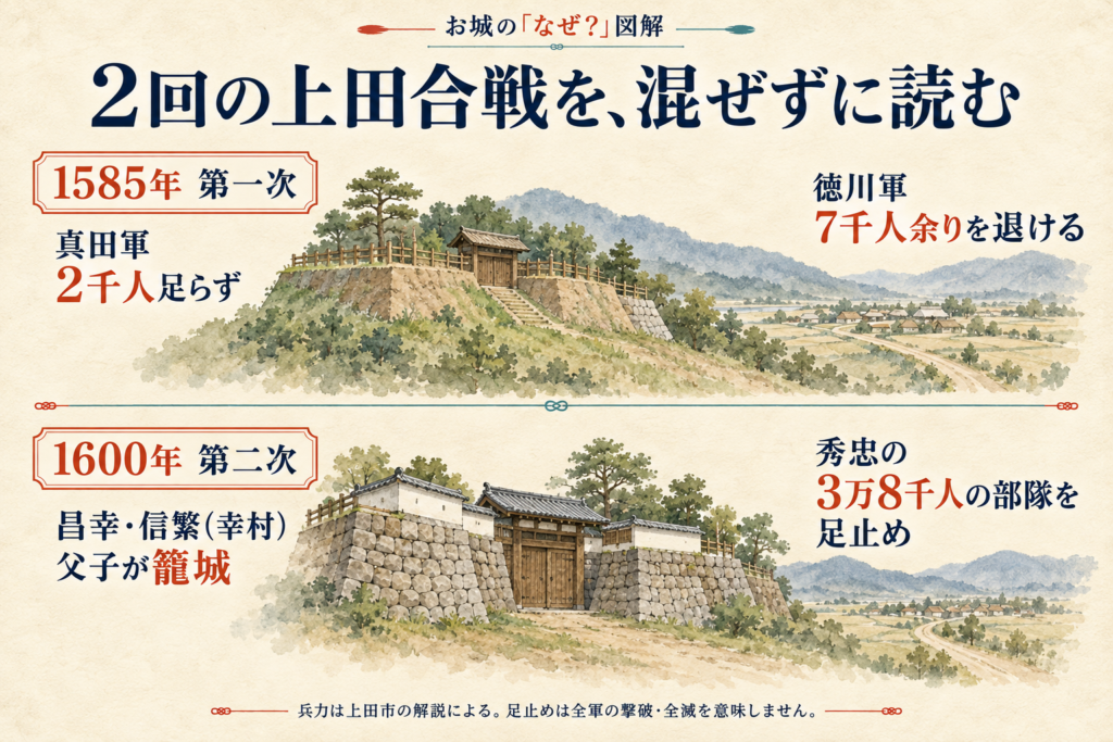 1585年は2千人足らずの真田軍が7千人余りの徳川軍を退け、1600年は秀忠の3万8千人の部隊を足止め。