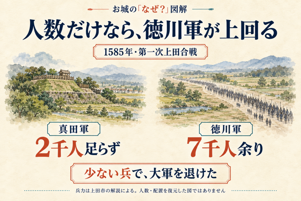 1585年の第一次上田合戦は真田軍2千人足らず、徳川軍7千人余り。上田市の解説による兵力差。